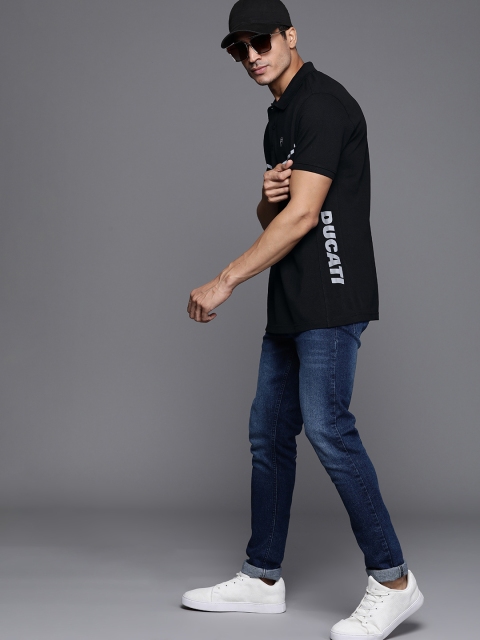

Ducati Men Black & Grey Typography Printed Pure Cotton Polo Collar T-Shirt