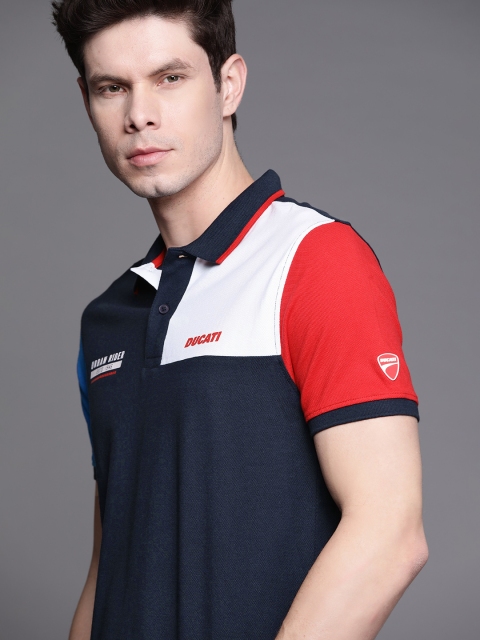 

Ducati Men Navy Blue & White Pure Cotton Colourblocked Polo Collar T-shirt
