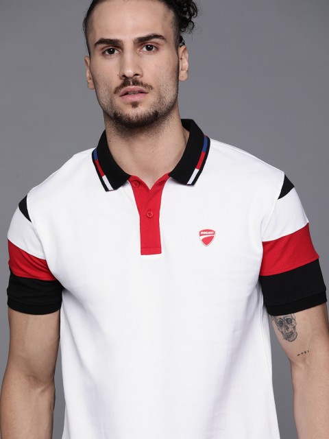 

Ducati Men White Red Solid Pure Cotton Polo Collar Pure Cotton T-shirt