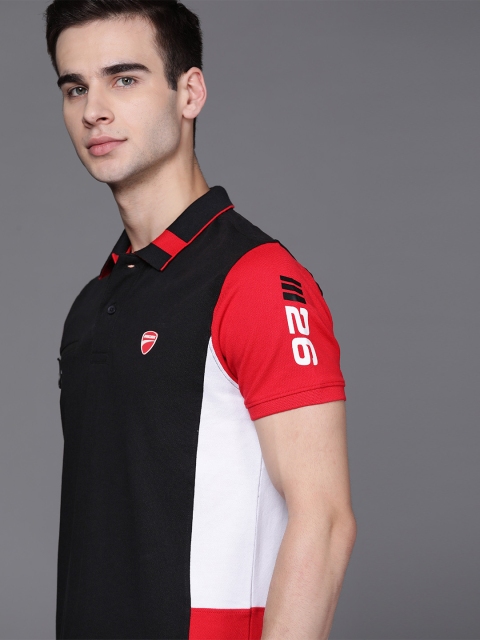 

Ducati Men Black White Pure Cotton Colourblocked Polo Collar Pure Cotton T-shirt