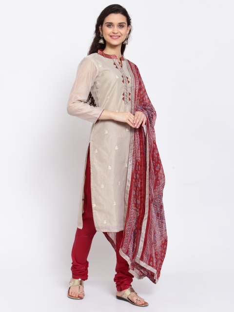 

Me Lady Fashion Grey & Red Embroidered Semi-Stitched Dress Material