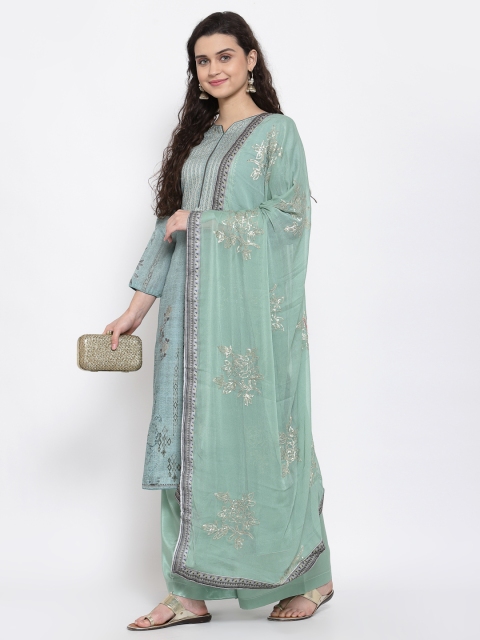 

Me Lady Fashion Sea Green & Silver-Toned Printed Semi-Stitched Dress Material