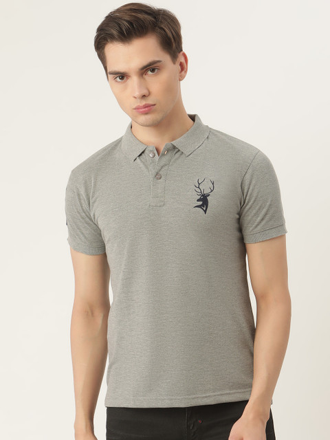 

PORTBLAIR Men Grey Melange Brand Logo Embroidered Polo Collar T-shirt
