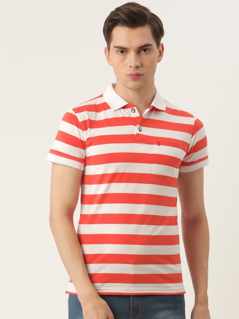 

PORTBLAIR Men Orange & White Striped Polo Collar T-shirt