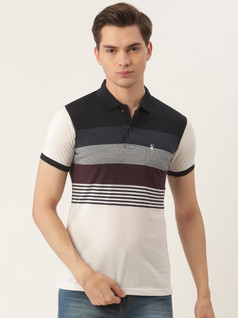 

PORTBLAIR Men Off White & Brown Striped Polo Collar T-shirt