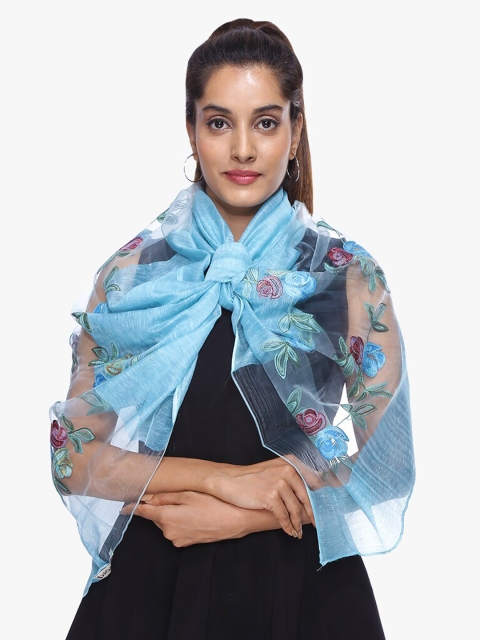 

Scarves & Glitters Women Turquoise Blue & Red Embroidered Stole
