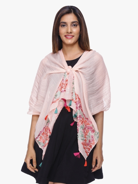 

Scarves & Glitters Women Peach-Coloured & Green Embroidered Stole