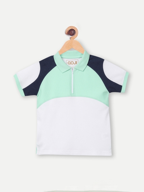 

GOJI Boys White & Sea Green Colourblocked Polo Collar T-shirt