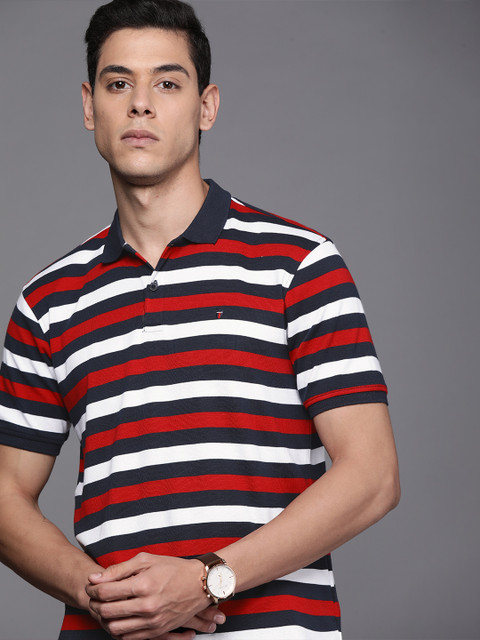

Louis Philippe Sport Men Navy Blue White Striped Polo Collar Pure Cotton T-shirt