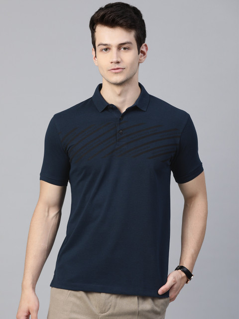 

Louis Philippe Jeans Men Navy Blue Striped Polo Collar T-shirt
