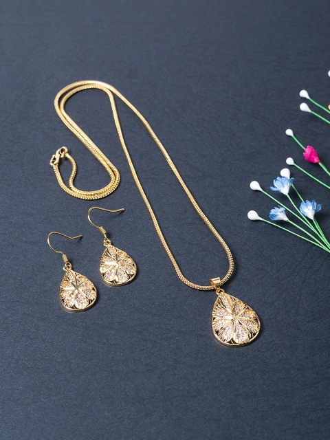 

Golden Peacock Gold-Toned CZ-Studded Teardrop-Shaped Jewellery Set