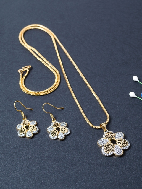 

Golden Peacock Gold-Toned CZ-Studded Floral Shaped Jewellery Set