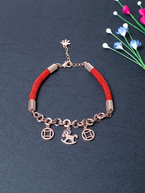 

Golden Peacock Women Rose Gold-Toned & Red Charm Link Chain Bracelet