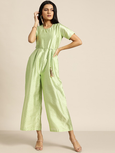 

Shae by SASSAFRAS Green & Golden Mukaish Work Basic Jumpsuit