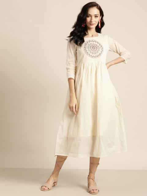 

Shae by SASSAFRAS Women Off-White Cotton Organdy Embroidered A-Line Midi Dress