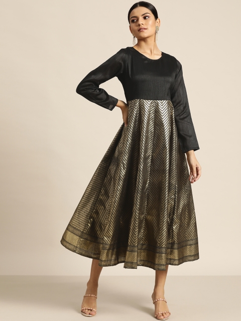 

Shae by SASSAFRAS Black & Golden Foil Print Ethnic A-Line Dress