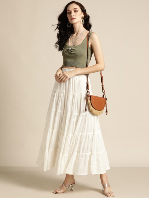 

Shae by SASSAFRAS Off White Crinkled Pure Cotton Tiered Maxi Flared Skirt