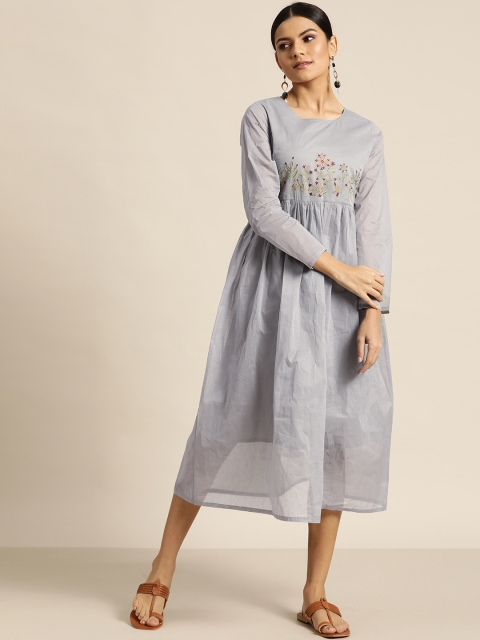 

Shae by SASSAFRAS Grey & Red Embroidered Cotton Organdy A-Line Midi Dress