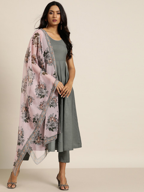 

Shae by SASSAFRAS Women Charcoal Grey Anarkali Kurta with Trousers & With Dupatta