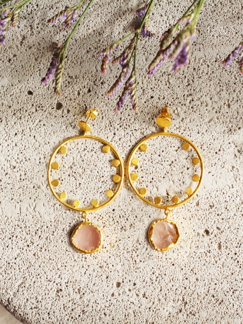 

Amaltaas Pink & Gold-Plated Quartz Stone Studded Handcrafted Circular Drop Earrings