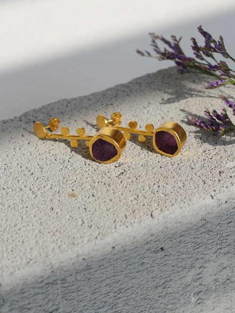 

Amaltaas Gold-Plated & Purple Amythest Stone Studded Handcrafted Leaf Shaped Drop Earrings
