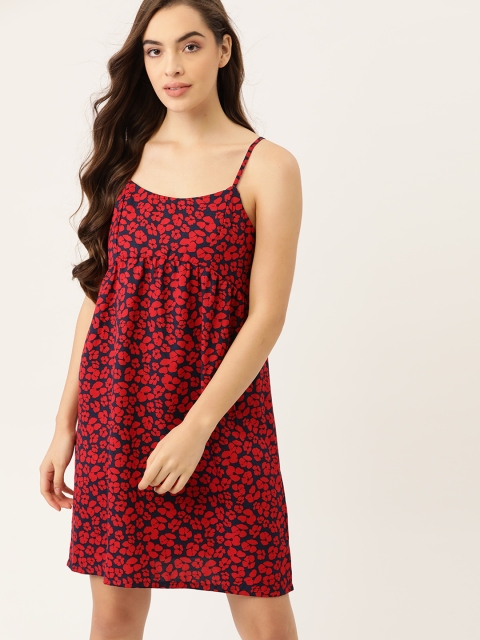 

ETC Women Red & Navy Blue Floral Print Gathered Nightdress