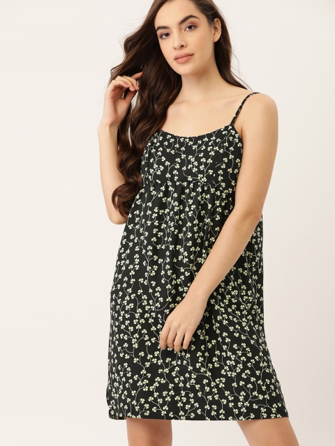 

ETC Women Black & Green Floral Print Gathered Nightdress