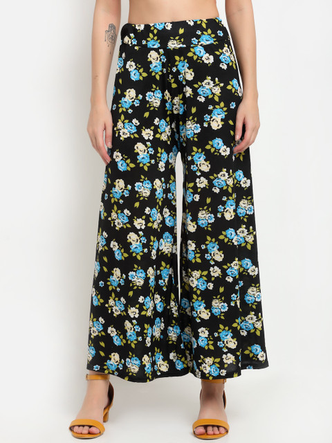 

NEUDIS Women Black & Blue Floral Printed Flared Knitted Palazzos