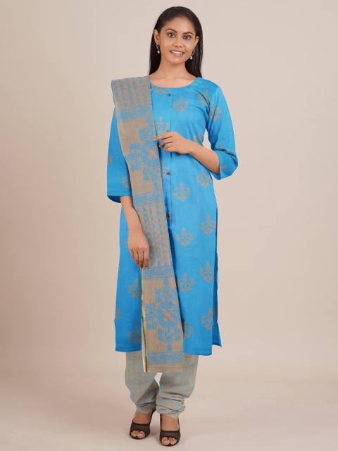 

Pothys Blue & Brown Printed Unstitched Dress Material