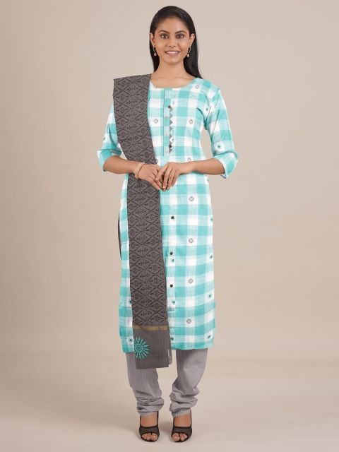 

Pothys Sea Green & White Printed Unstitched Dress Material