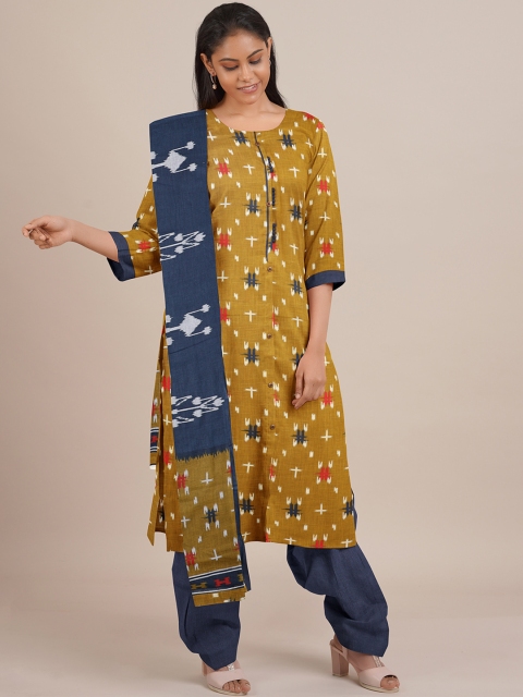 

Pothys Mustard & Navy Blue Printed Unstitched Dress Material