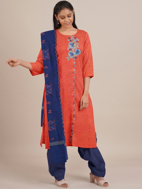 

Pothys Rust & Navy Blue Embroidered Unstitched Dress Material