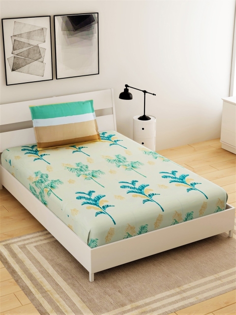 

Salona Bichona Cream & Green Floral 144 TC Single Bedsheet with 1 Pillow Covers