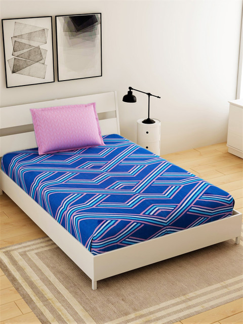 

Salona Bichona Blue & Pink Striped 144 TC Single Bedsheet with 1 Pillow Covers