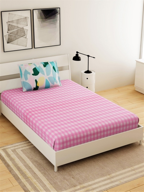 

Salona Bichona Pink Geometric 144 TC Single Bedsheet with 1 Pillow Covers