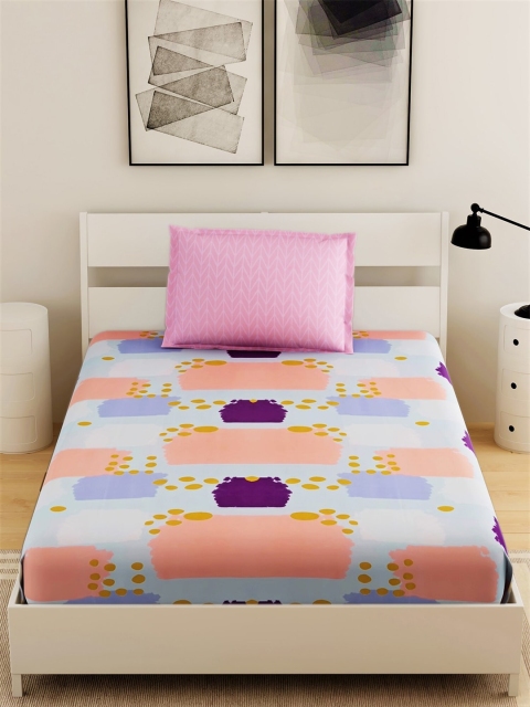 

Salona Bichona Blue & Peach-Coloured 144 TC Single Bedsheet with 1 Pillow Covers