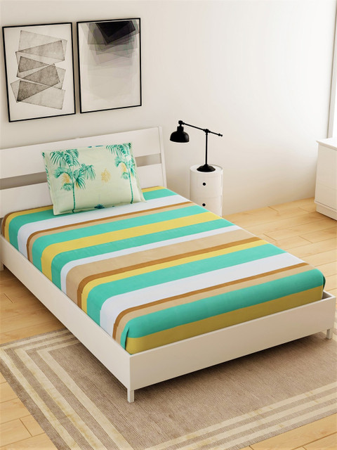 

Salona Bichona Green & White Striped 144 TC Single Bedsheet with 1 Pillow Covers
