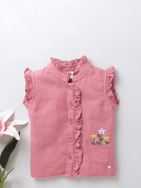 

Ed-a-Mamma Pink Floral Embroidered Cotton Linen Ruffles Shirt Style Sustainable Top