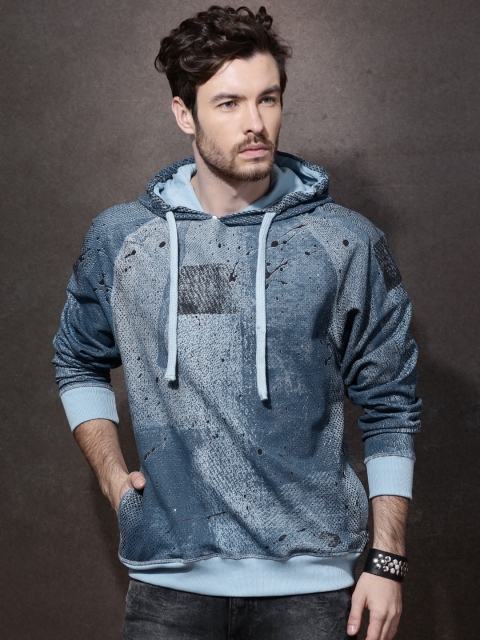 

Roadster Blue Printed Hooded Sweatshirt