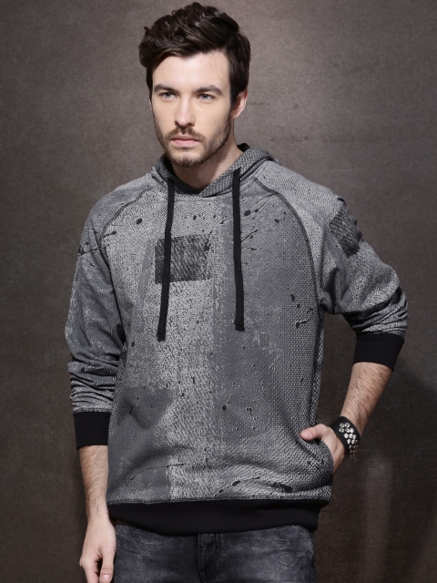 

Roadster Black & Grey Printed Hooded Sweatshirt