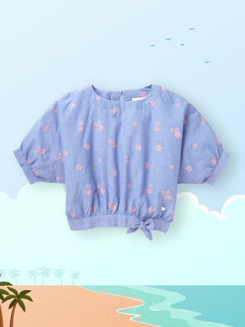 

Ed-a-Mamma Girls Blue Printed Chambray Blouson Sustainable Top
