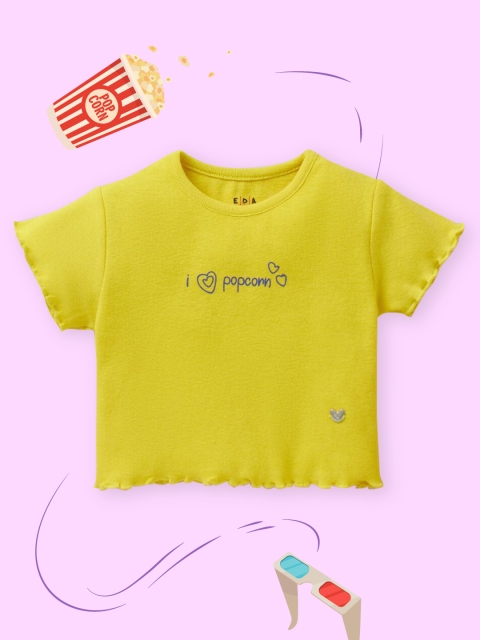 

Ed-a-Mamma Girls Cotton Yellow Solid Rib Cropped Printed Top
