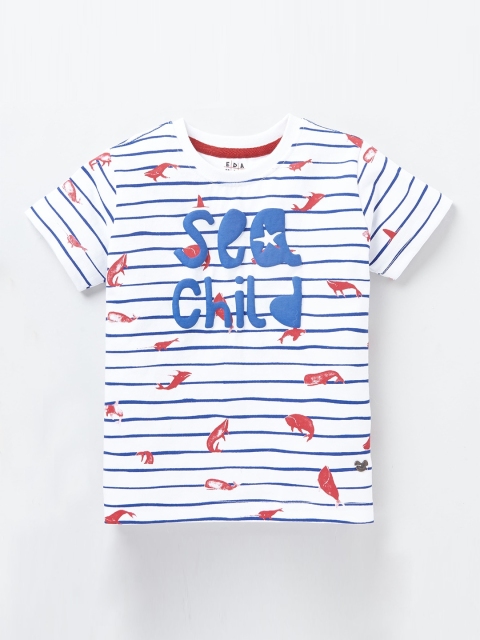

Ed-a-Mamma Boys White Blue Pure Cotton Stripes Printed Sustainable Pure Cotton T-shirt