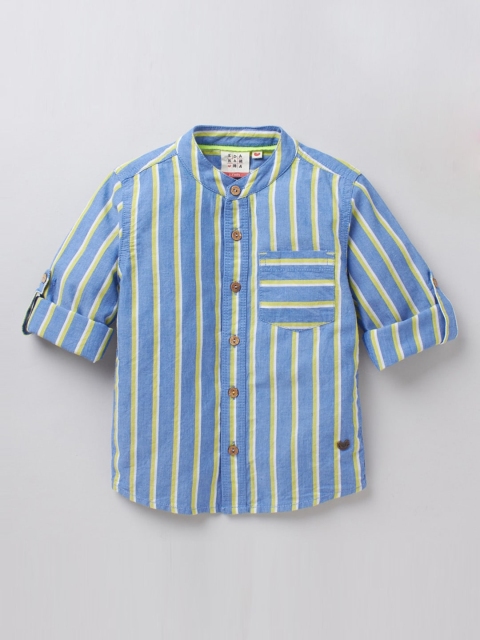 

Ed-a-Mamma Boys Blue Multi Striped Pure Cotton Chambray Casual Sustainable Shirt