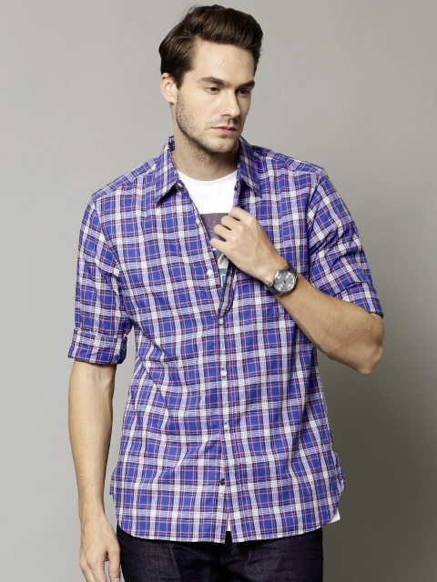 

French Connection Men Blue Checked Casual Shirt