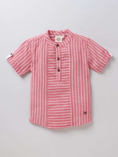 

Ed-a-Mamma Boys Red Multi Stripes Mandarin Collar Casual Sustainable Shirt
