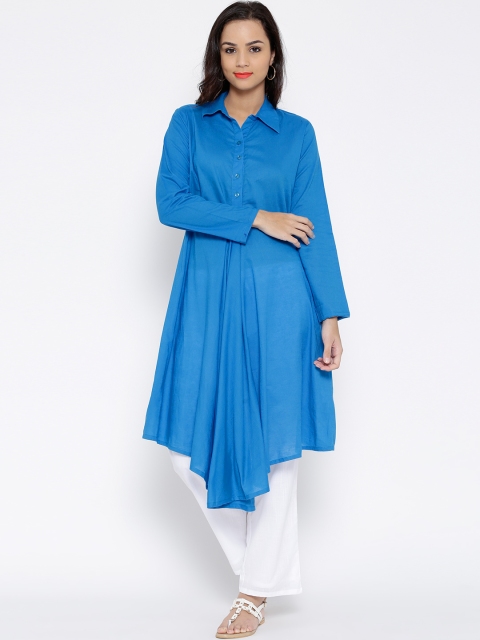 

BIBA Blue Solid Asymmetric Hemline A-Line Kurta