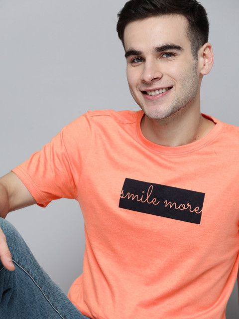 

Mast & Harbour Men Peach-Coloured & Black Pure Cotton Typography Printed T-shirt
