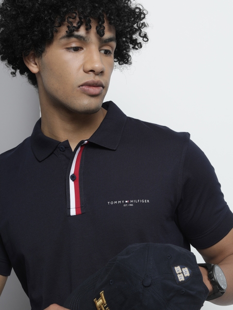 

Tommy Hilfiger Men Navy Blue Brand Logo Printed Polo Collar T-shirt