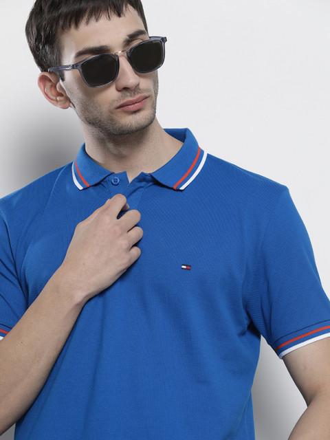 

Tommy Hilfiger Men Blue Solid Organic Cotton Polo Collar Organic Cotton T-shirt